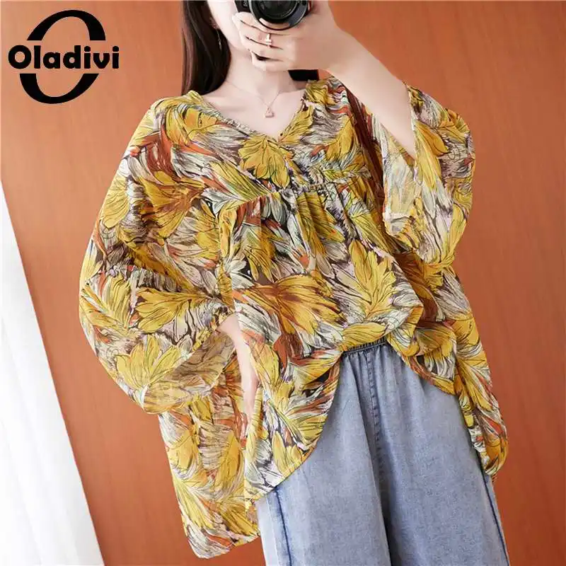 Oladivi-camisa holgada de talla grande para mujer, Blusa de gasa con estampado de moda, Top informal para mujer, camisa túnica, capa 8XL 7XL