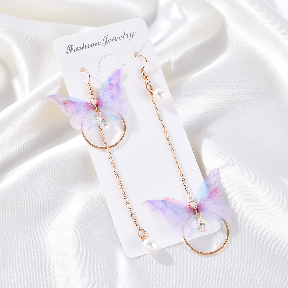 Серьги асимметричные с жемчугом и бабочкой для женщин длинные богемные