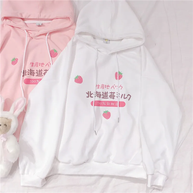 Woherb Harajuku Kawaii женские толстовки с капюшоном японский стиль мультфильм клубника Печать Графический розовый белый пуловер с капюшоном