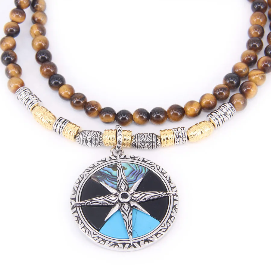 

Thomas Tigereye Beads and "COMPASS LARGE" Pendant Necklace, Rebel Heart Jewelry Gift For Women and Men TS-N40