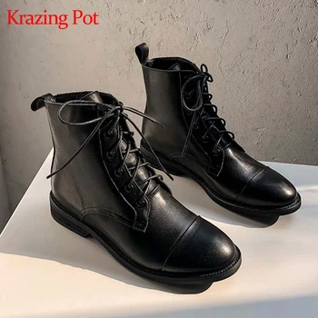 

Krazing pot 2019 genuine leather round toe low heels cross-tied lace up ankle boots British school young lady Chelsea boots l20