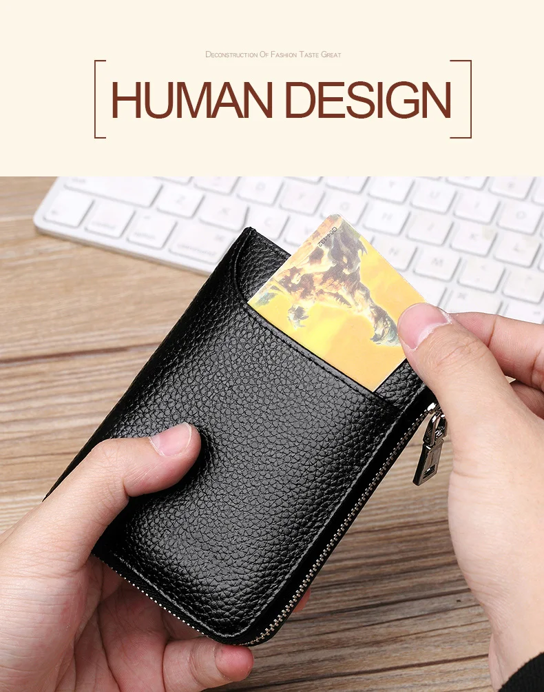 DIDE Black Genuine Leather Wallet Men RFID Credit Card Holder Male Short Coin Purse Wallets Cowhide Zipper Wallet Vintage Casual