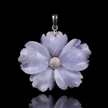 

Natural Gemstone Blue Lace Agate Handcarved Flower Pendant, 925 Sterling Silver Pinch Bail, 41x36x8mm, 12.1g