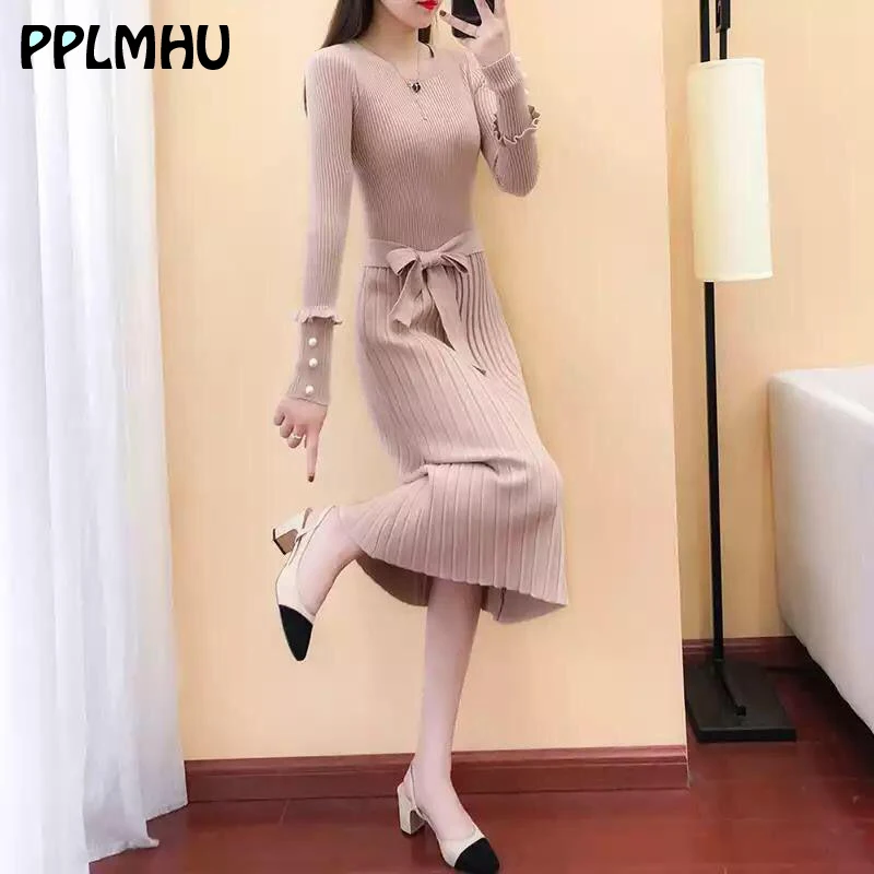 Модное корейское Плиссированное трикотажное платье с жемчужным украшением