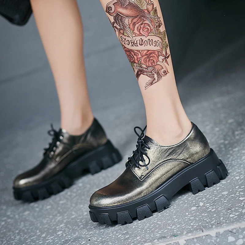 Women's genuine leather thick sole platform flats lace-up oxfords leisure punk female soft comfortable brogues student shoes hot