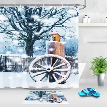 

Winter Rustic Snow Scene Shower Curtain Eco-friendly Polyester High Quality Washable Bath Decor Shower Curtain And Door Carpet