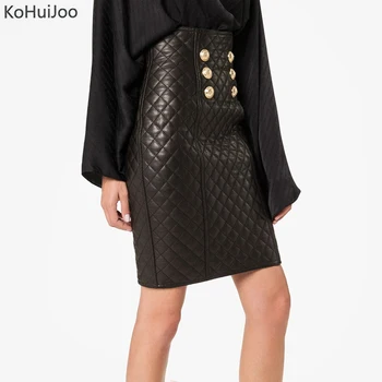 

High Waist Pu Leather Skirts Ladies Winter Slim Golden Button High Fashion Streetwear Black Runway Designers Pencil Skirt Women