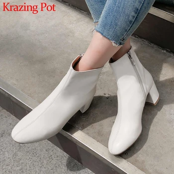 

Krazing Pot classic office lady genuine leather solid round toe high heels side Zipper winter beauty lady warm ankle boots L11