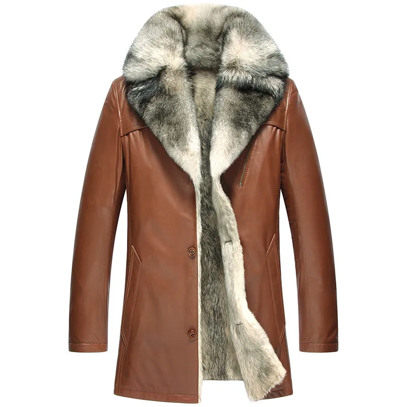 Куртка из натуральной кожи, зимняя мужская куртка, подкладка из натурального волка, пальто из овчины, Мужская одежда,, теплые меховые куртки размера плюс 5xl 5051 - Цвет: champagne