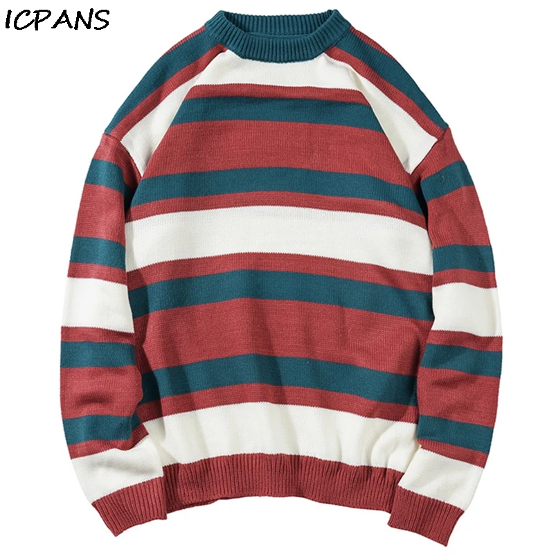 

ICPANS Mens Pullovers Sweater Hip Hop Streetwear Stripe Kinttwear Kintting Mens Sweaters Cotton Wool 2019 Winter Autumn Oversize
