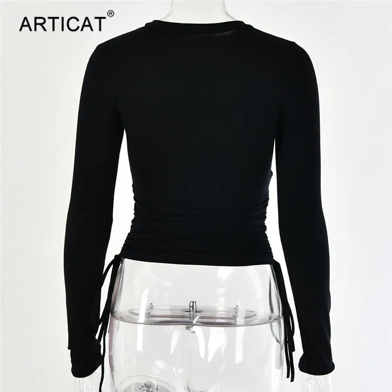 Articat Drawstring Ruched облегающая футболка женская с длинным рукавом и круглым вырезом Стрейчевые однотонные Короткие топы Базовая Повседневная Женская одежда