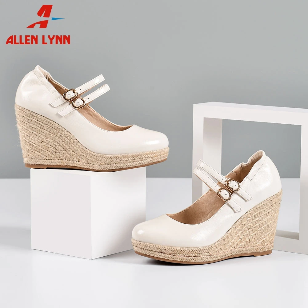 

ALLEN Fashion Female Office Casual Dress Shoes Woman Buckle Belt High Wedges Spring Pumps Women Genuine Leather Pumps