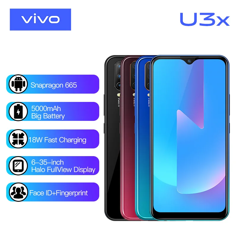 Pаспродажа Новый оригинальный vivo U3x Celular 6,35 дюймов экран 3g 32G Snapdragon665 5000 мАч батарея мобильные телефоны 18 Вт зарядка мобильный телефон android