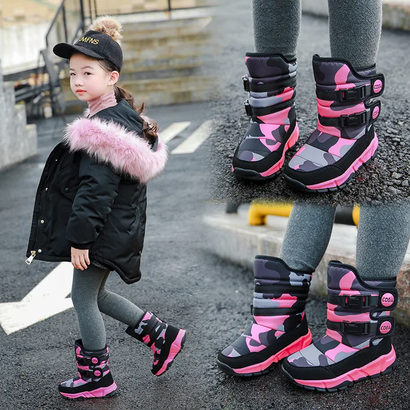 Зимние высокие бархатные водонепроницаемые Нескользящие Детские зимние ботинки камуфляжная хлопковая обувь для девочек