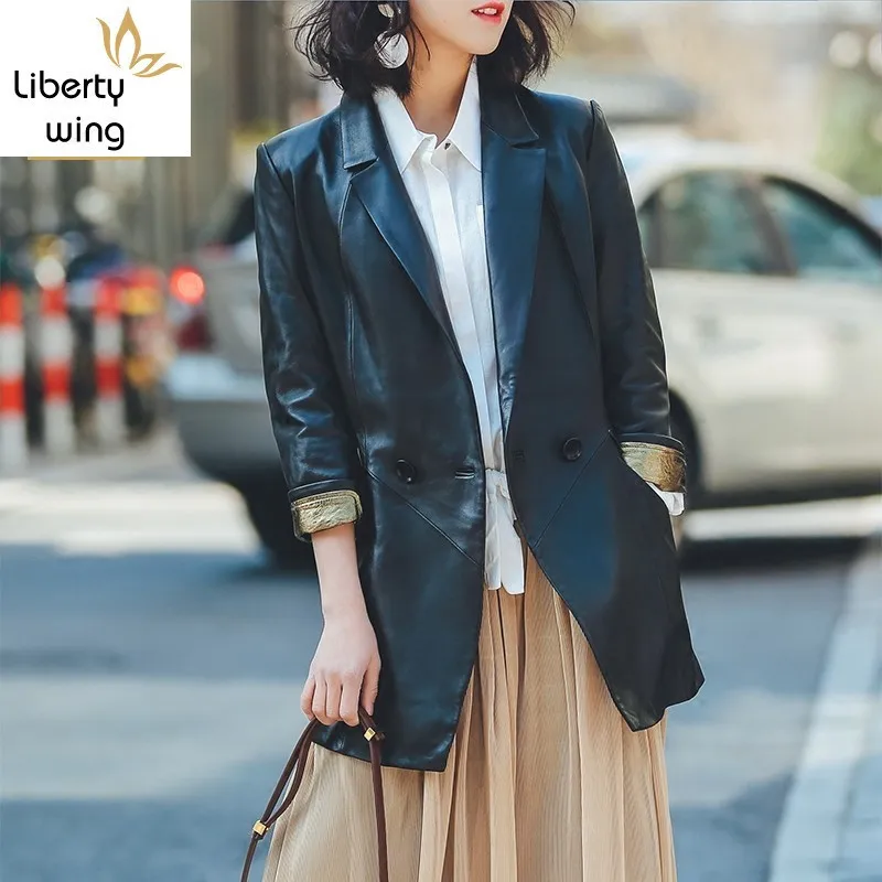 輸入版 新韓国女性ブラック本革カジュアルスーツコートジャケット Casaco Feminino 本物の羊皮エレガントなブレザーのオフィスの女性の服 特注品 Women S Clothing Jackets Coats Portal Precitrol Com