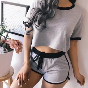 

Summer Women Pajama Set Top+ Shorts Patchwork Loose Short Sleeve Cropped Tops Lace Up Shorts Female Sleepwear Pajamas