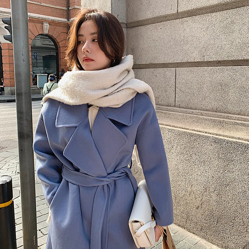 Classic Women Loose 100% Wool Long Silhouette Coat Big Turn-down Collar  Blet Double Layer Notch Lapel Overcoat Fall Winter