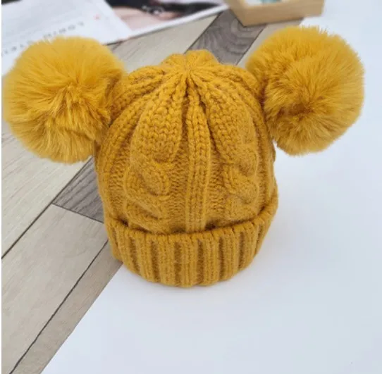 YELLOW CAP Вязаная шапочка для малыша, шерстяная детская шапка с двойным мехом, теплая осенне-зимняя шапка для маленьких мальчиков и девочек, шапка с шарфом, Комплект Шапочки - Цвет: YELLOW CAP