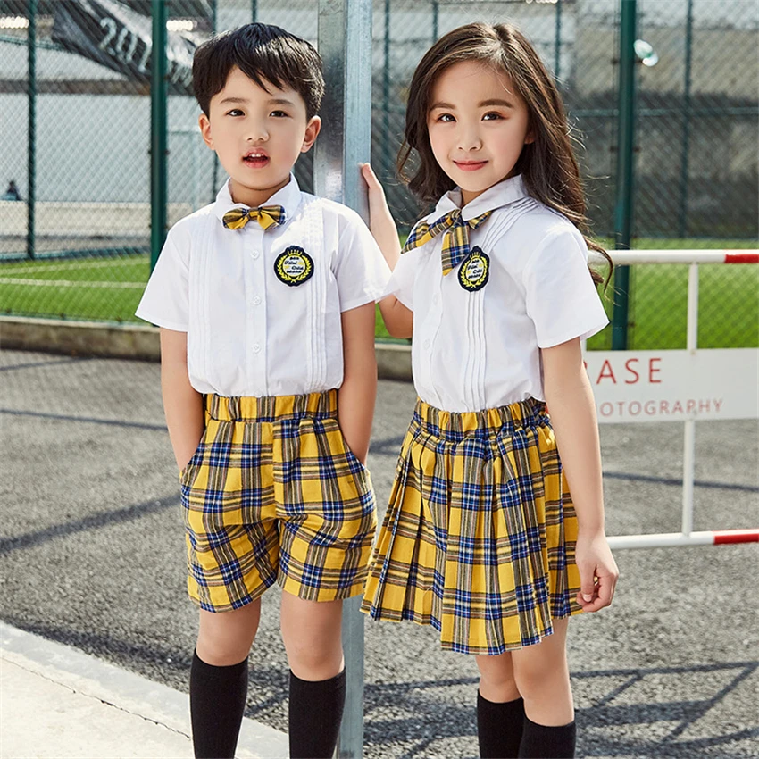 

90-180cm Kids Fashion School Uniforms Korean Japanese Style Class Clothes Top Plaid Skirt Tie Stage Costumes for Children