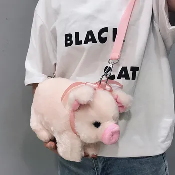 

New Arrival Cute Fluffy Pink Pig Messenger Bag Women Cartoon Animal Shoulder Crossbody bag Soft Stuffed Plush Phone Pouch Clutch