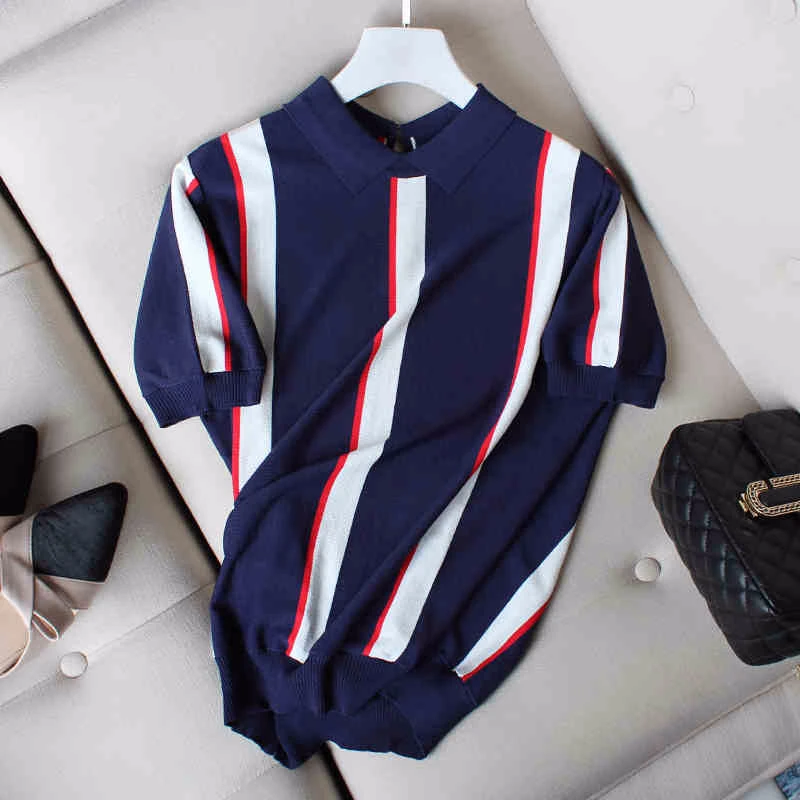 

Patchwork striped short sleeve sweater women loose knitted sweaters 2020 spring and summer basic tops