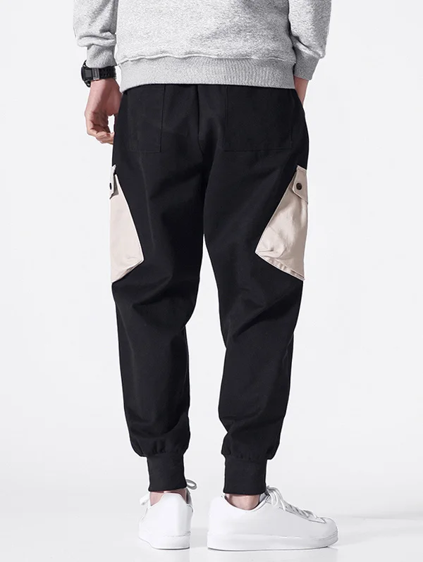ZAFUL Men Chinese Letter Pocket Drawstring Jogger Pants Color Block Mid Waist Beam Feet Casual Male Nine Minutes Of Pants