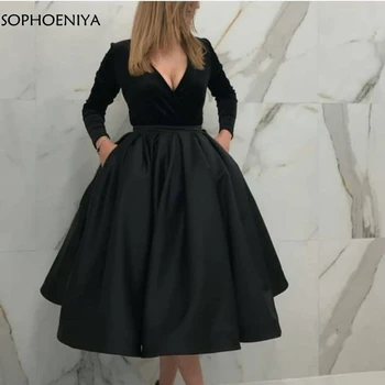 

New Arrival V Neck Long sleeve Evening dress Black Velvet 2020 evening dress short Robe de soiree Prom dress party