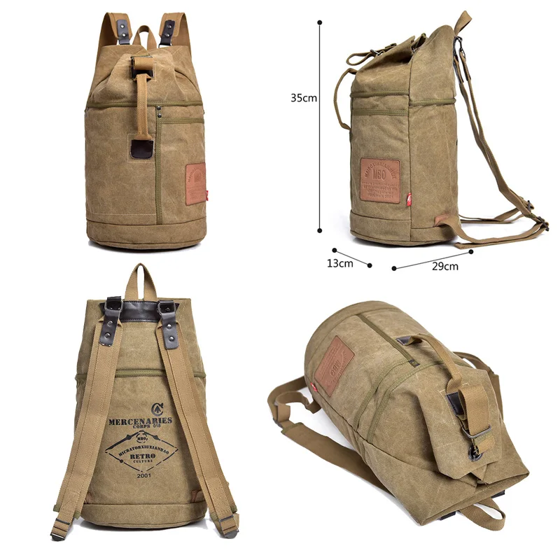 Male Tactical Bucket Canvas Backpack Letter Printing Large Capacity Military Army Bags Outdoor Trav