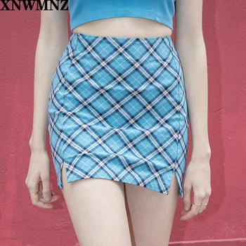 

XNWMNZ za Streetwear Blue white Patchwork plaid skirts harajuku Split Short Skirt Slim Tartan Women A-line Skirt