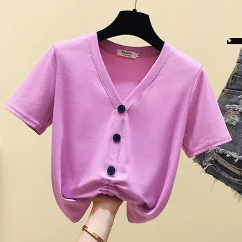 

2020 short-sleeved T-shirt female V-neck drawstring student short slim top