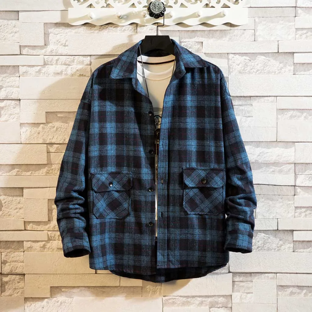 KANCOOLD, новинка, camisa masculina, клетчатая полиэфирная Мужская Осенняя модная Свободная Повседневная рубашка с длинным рукавом, топ, блузка Nov8
