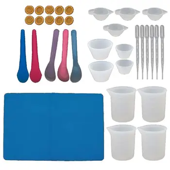 

34Pcs Reusable Silicone Resin Kit Nonstick Silicone Mat 100ml Measuring Cups Finger Cots Resin Mix Cup Stir Stick Pipette