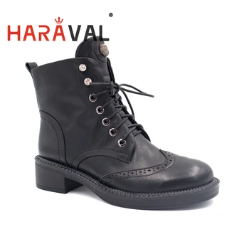 

HARAVAL Ankle Boots Shoes Spring Autumn Martin boots Lace up Genuine Leather New Brand Motorcycle boot Women Ankle Shoe Black D5