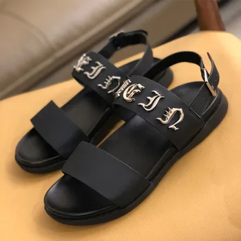 

Summer Men Slippers Luxury Slides Rubber Metal Decorative Skull Beach Sandals High Quality 38-44 Size Slipper Letters Flip Flops
