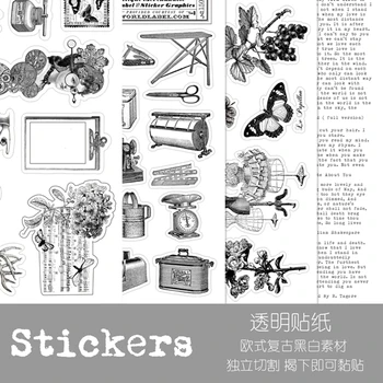 

4Pcs/Pack A5 Vintage Black White European Transparent Sticker DIY Scrapbooking Album Junk Journal Planner Decorative Stickers