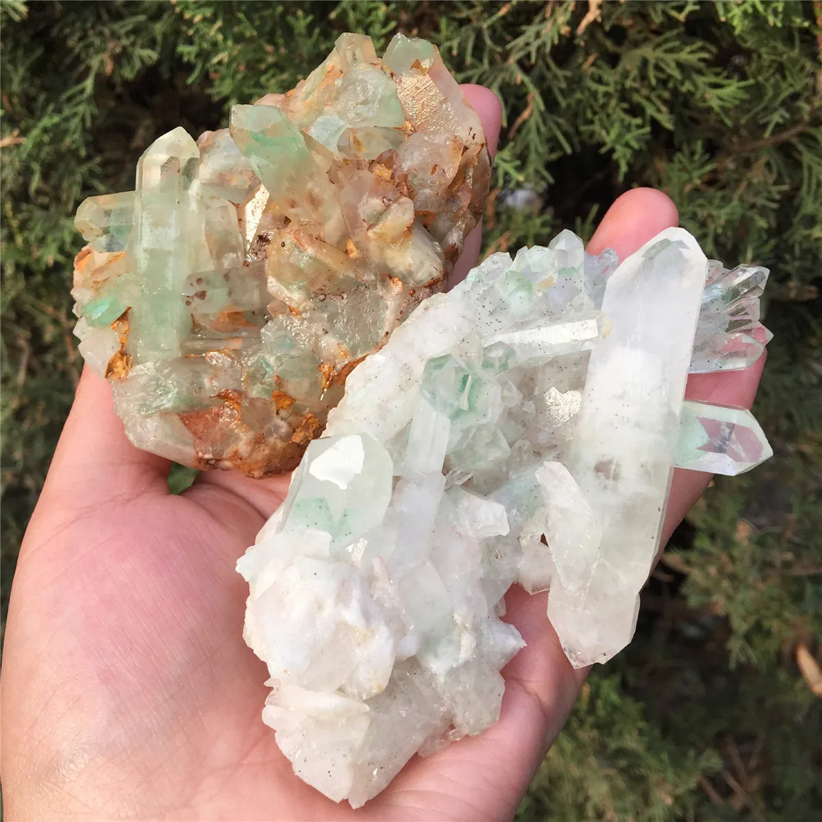 2 шт. натуральный зеленый Ghost Phantom Quartz кристалл кластера Исцеление образец отправлен случайным образом