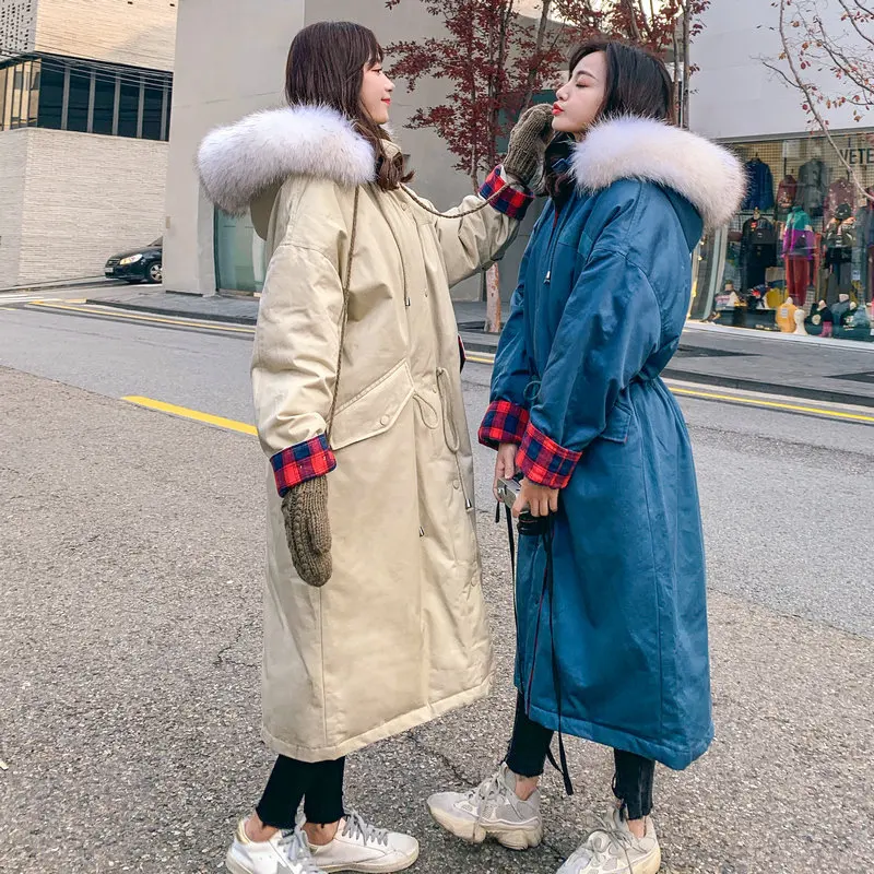 

2018 Winter Korean-style Students BF Waist Hugging Hooded Thick Large Fur Collar Workwear Mid-length Cotton-padded Clothes down