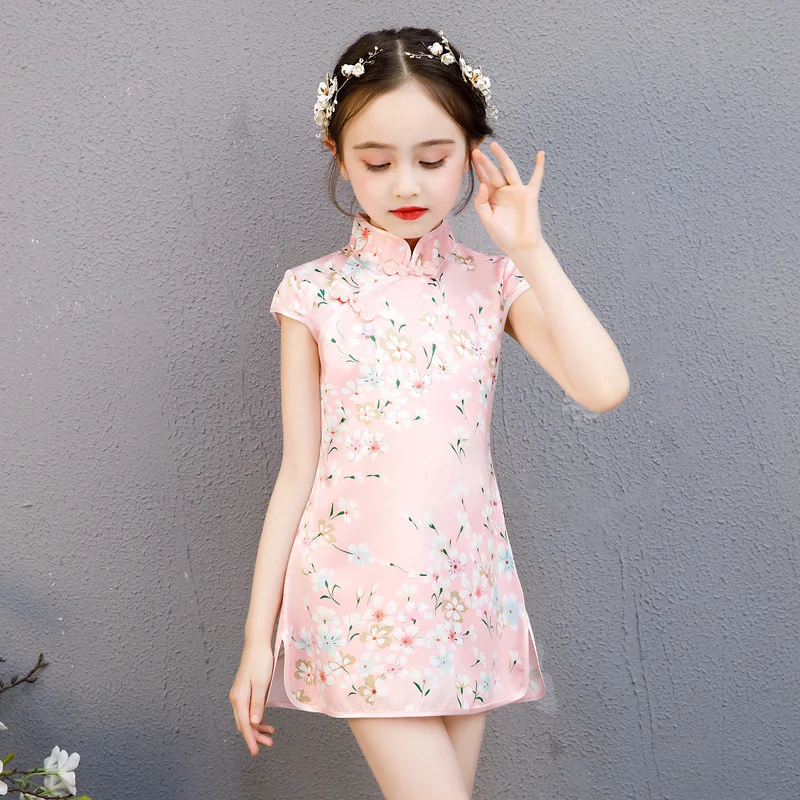 Летняя одежда рубашка с короткими рукавами для девочек Cheongsam Cuihua Cheongsam с вышивкой, в этническом стиле, со стоячим воротником, в стиле ретро, для детей