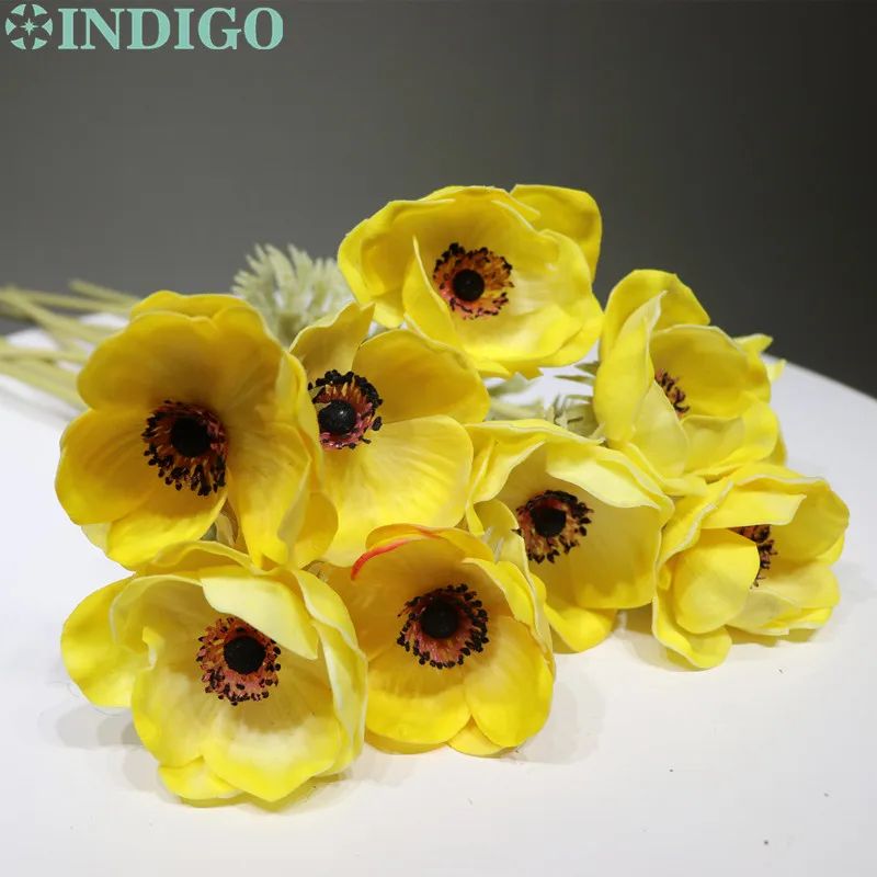 Индиго-9 шт ПУ желтый Anemone Pasque ромашка цветок для дома невесты свадебные искусственные цветы вечерние цветы