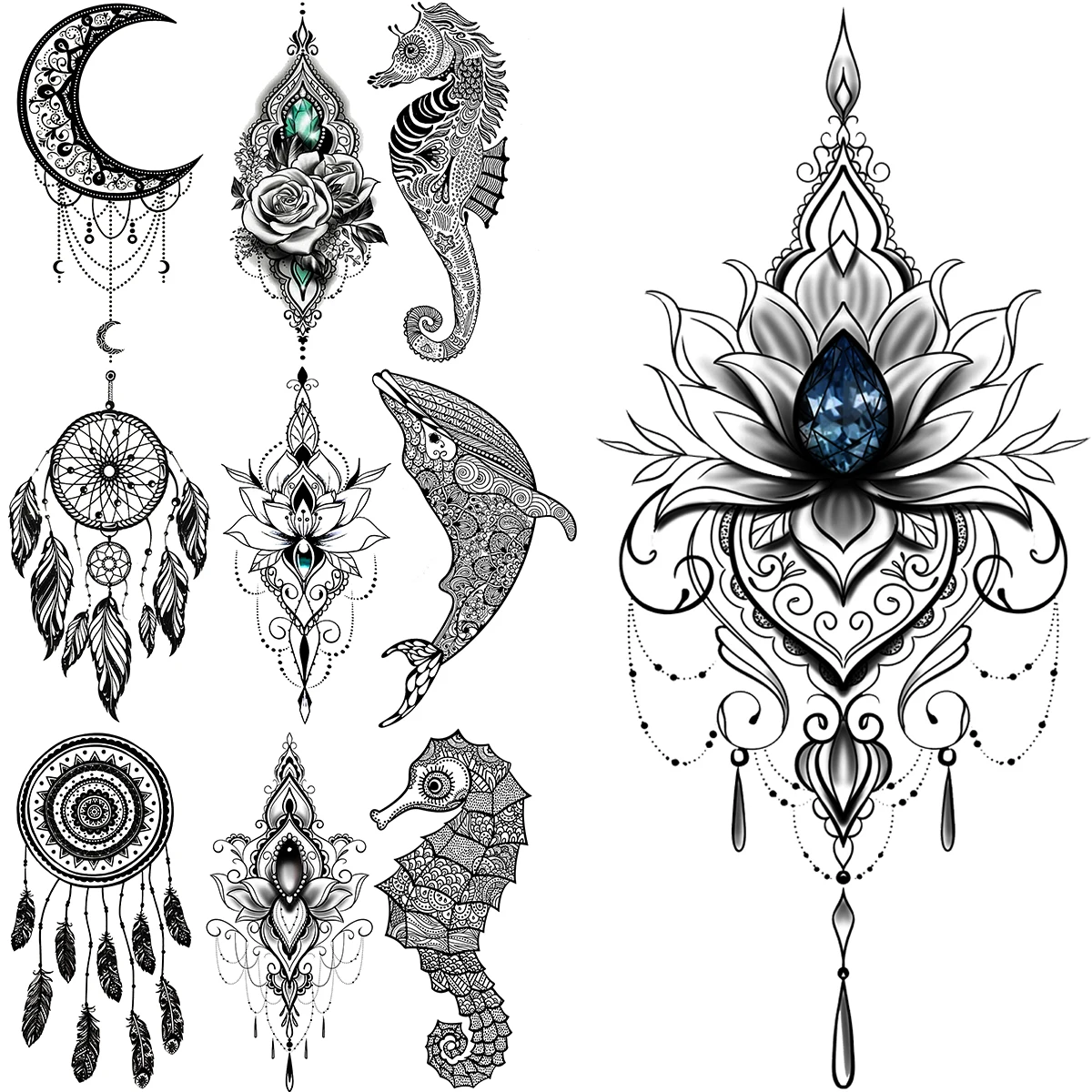 

Henna Lotus Temporary Tattoos For Adults Realistic Dream Catcher Seahorse Whale Fake Gemstone Tattoo Sticker Arm Neck Tatoos