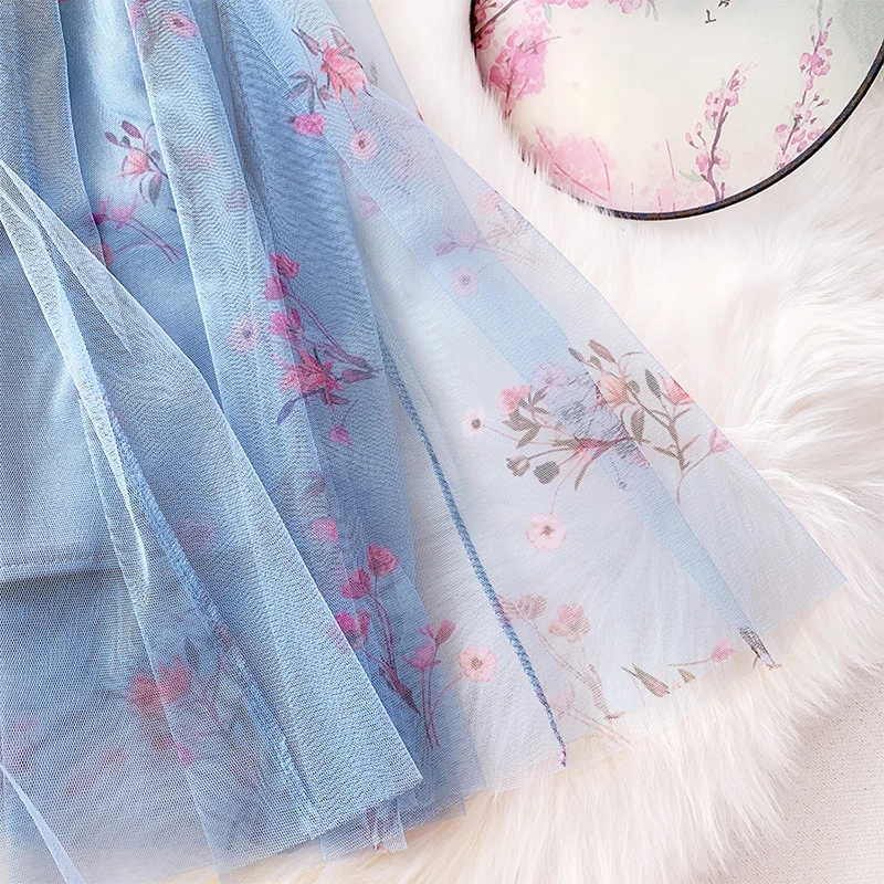 Женская длинная юбка из тюля с цветочным принтом SURMIITRO, белая розово-синяя расцветка, элегантная плиссированная юбка макси с высокой талией в корейском стиле для женщин