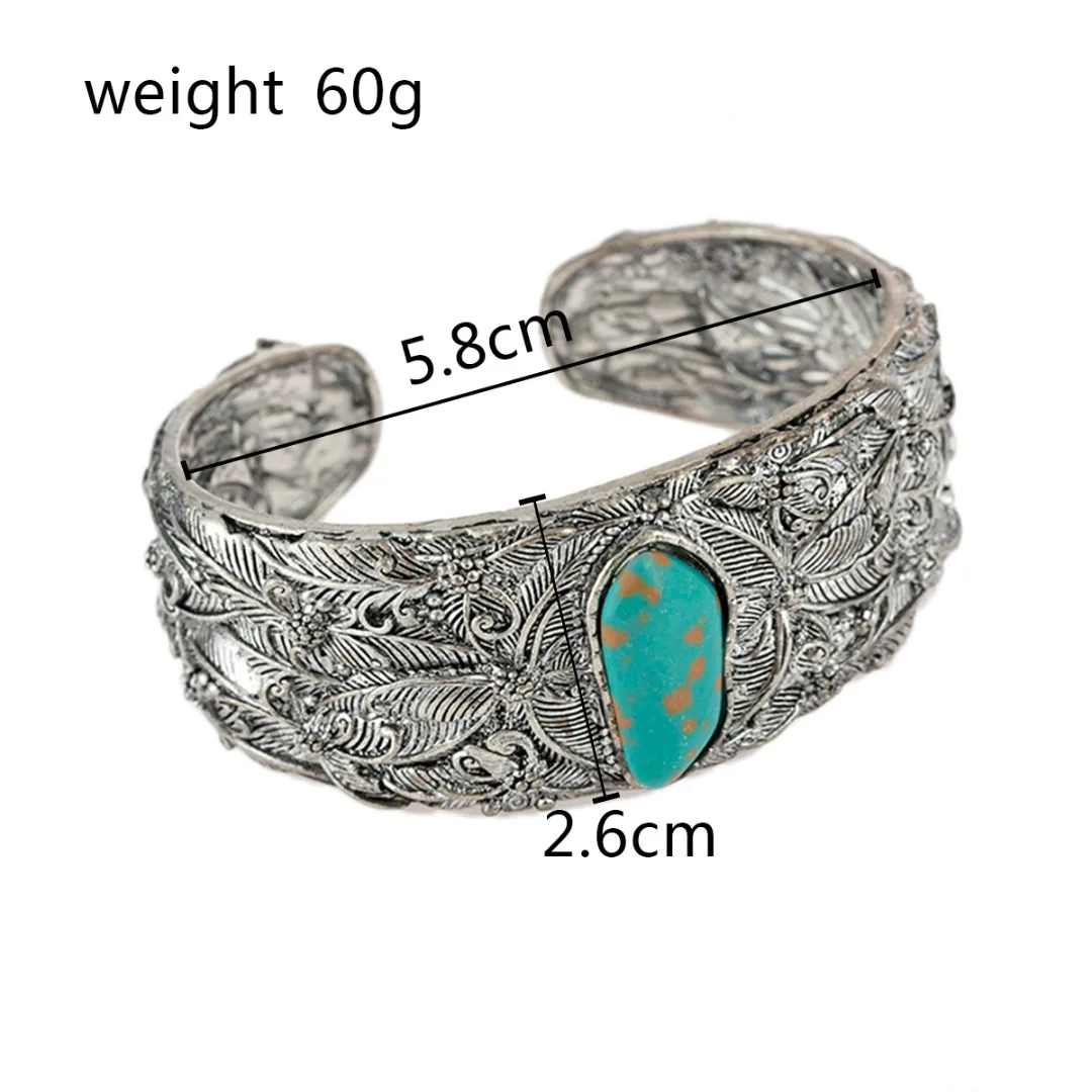 Vintage Silver Ethnic Antique Carve Butterfly Bracelets for Women Open Bangle Pulseiras Blue Natural Stone Cuff Bracelet Jewelry