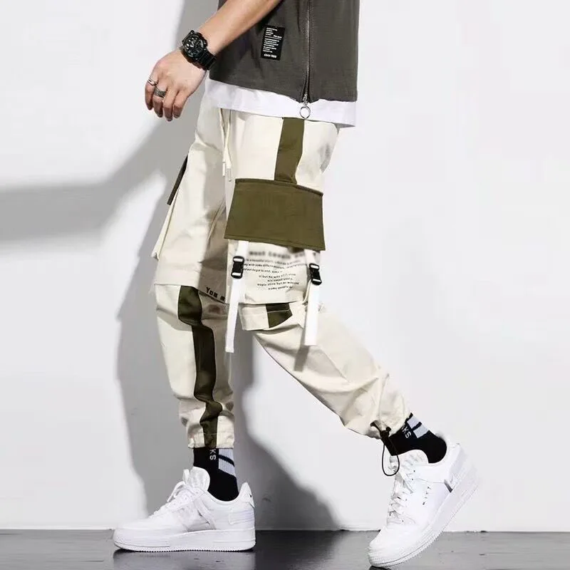 

Fashion Mens Hi-street Cargo Pants Slim Fit Urban Style Hip Hop Patchwork Pockets Trousers Cuffed Joggers Pants For Male