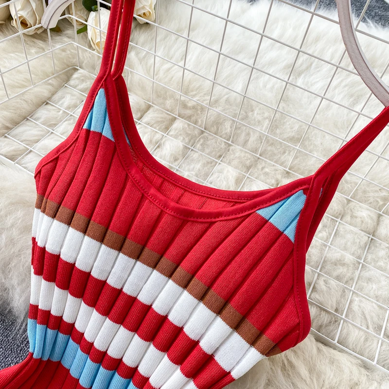 Vintage 2020 V Neck sexy striped print Slim Bodycon Knitted short Dress Summer Party Women spaghetti strap dress Club dresses