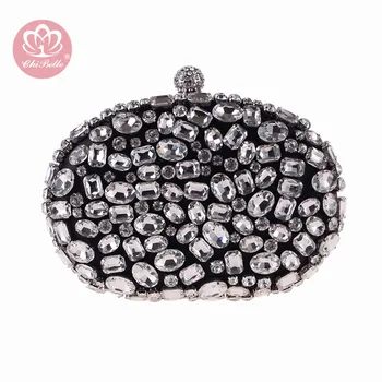 

Chi Belle black velvet big crystal top luxury female clutch evening party handbag bag wedding dinner banquet princess purse box