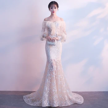 

Perspective Fishtail Evening Dress Champagne Exquisite Appliques Prom Gown Full Length Dress Off Shoulder Robe De Soiree