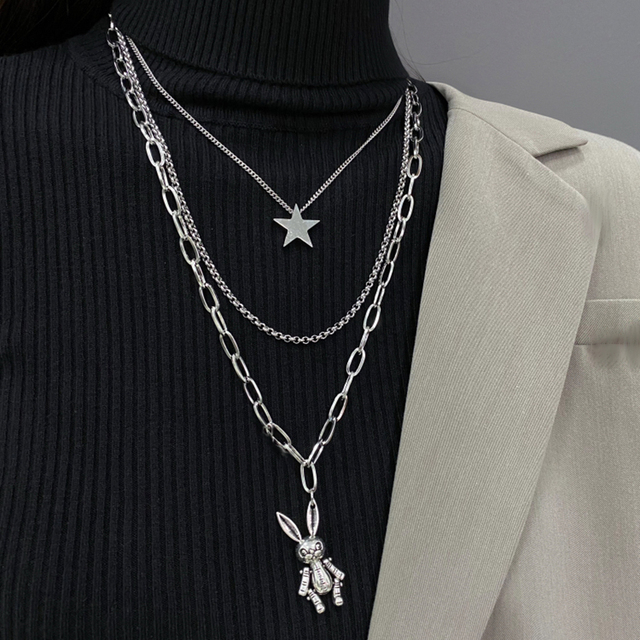 New Fashion Stainless Steel Multilayer Hip Hop Long Chain Necklace For Women Men Jewelry Punk Rabbit Cross Pendant Necklace