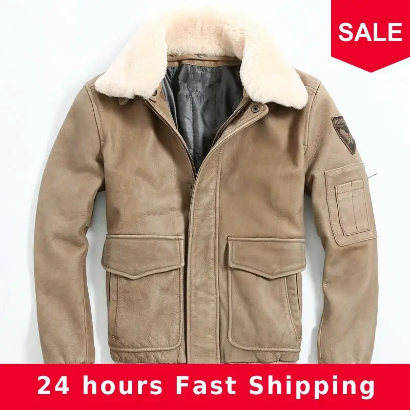 

2020 Men Brown Air Force Flight Leather Jacket Wool Collar Large Size XXXL Genuine Cowhide Russian Winter Pilot Leather Coat