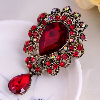

New Water Drop Big Middle Crystal Rhinestones Brooches Ladies Jewelry Big Red Glass Brooch Pin for Women Wedding Jewelry Gifts