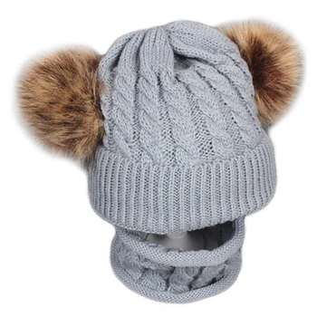 

2Pcs Toddler Baby Winter Chunky Knit Double Pompom Beanie Hat Circle Scarf Set L9BE